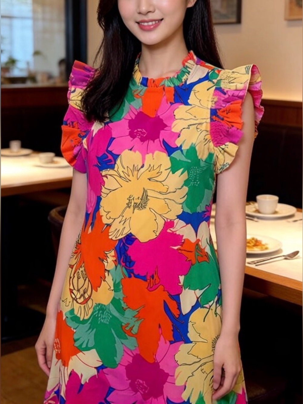 Farm Rio Inspired, JODIFL Bright Floral Ruffle-Sleeve Dress, Size Small